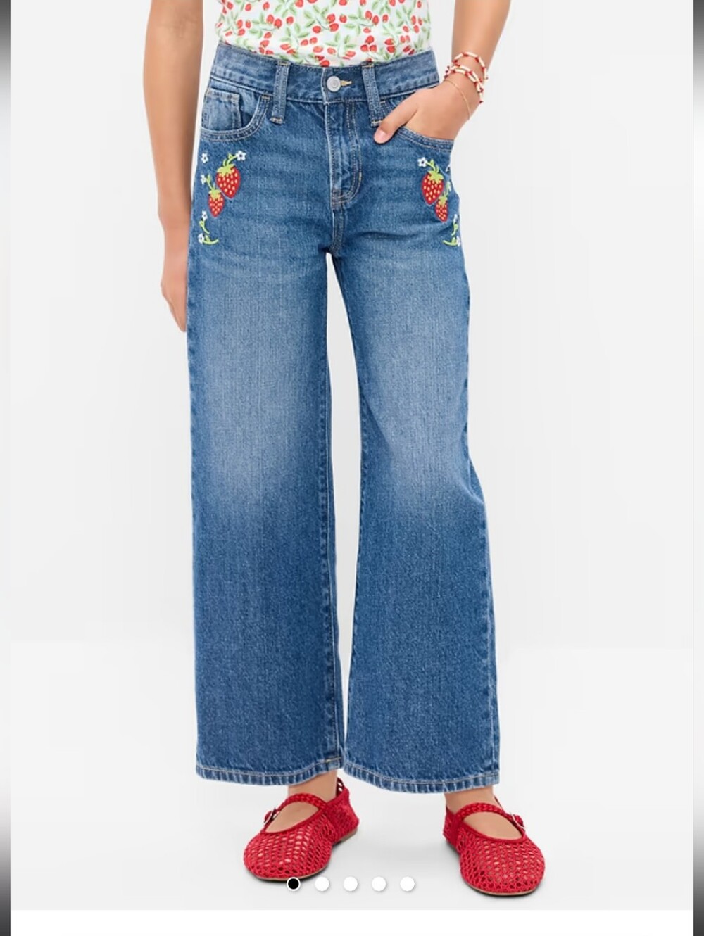 Old Navy Jeans Girls Dark Blue Wide-Leg Baggy With Strawberry Embroidery Size 12